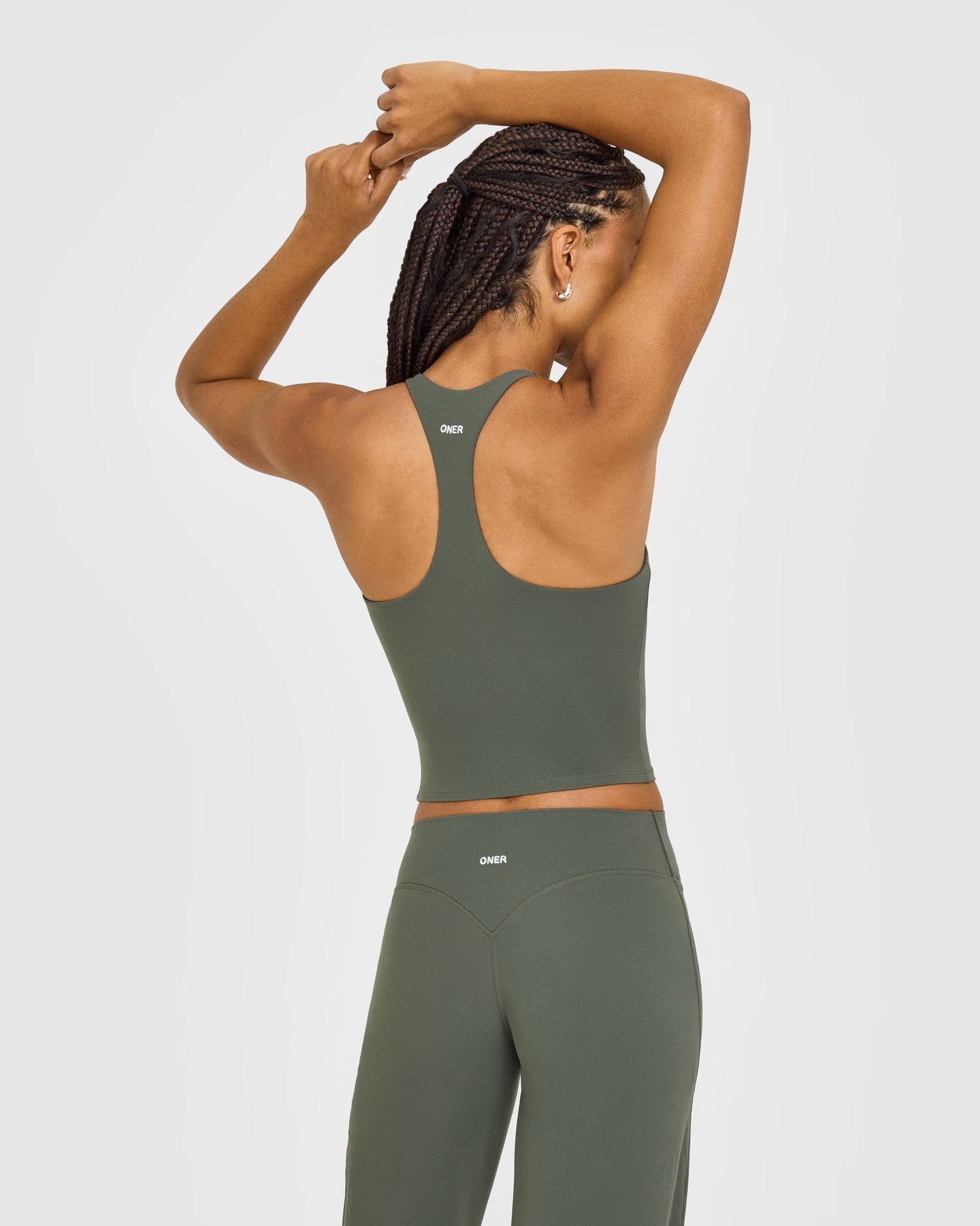 SoftMotion Racer Back Mid Vest with Built in Bra Shelf with White Logo | Dark Khaki - Image 2