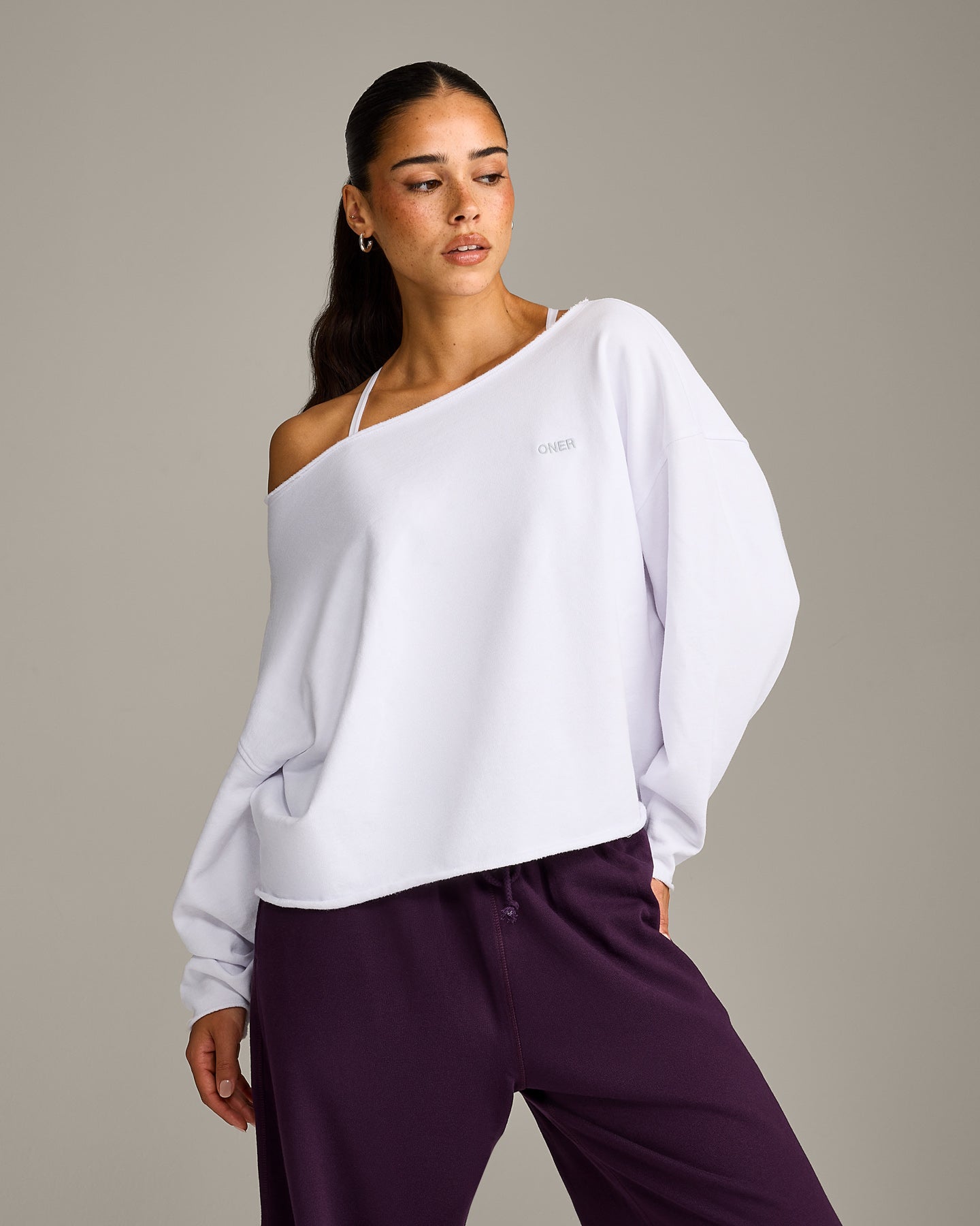 Raw Cut Lounge Off-The-Shoulder Sweatshirt | White