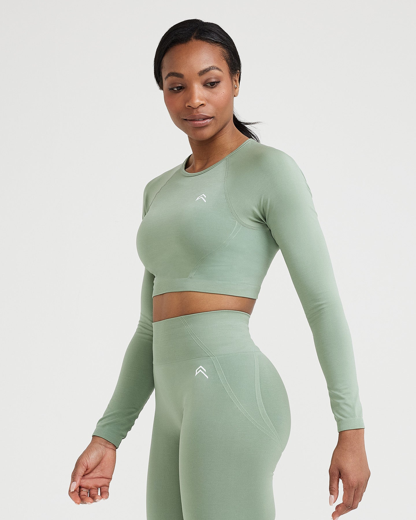 EffortlessLift Seamless Long Sleeve Crop Top with White Logo | Sage - Image 2