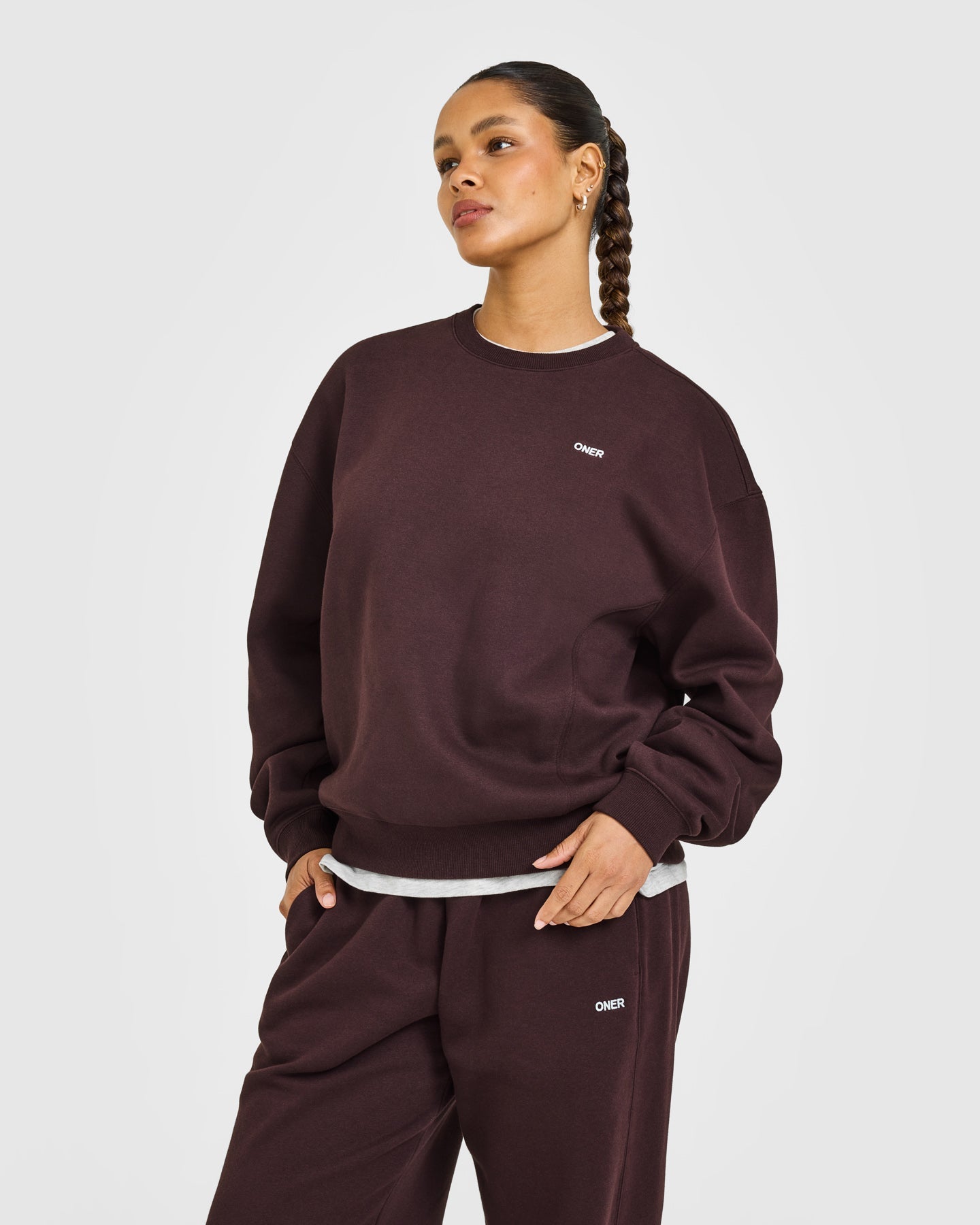 Foundations Crew Neck Sweatshirt with Grey Logo | Plum Brown