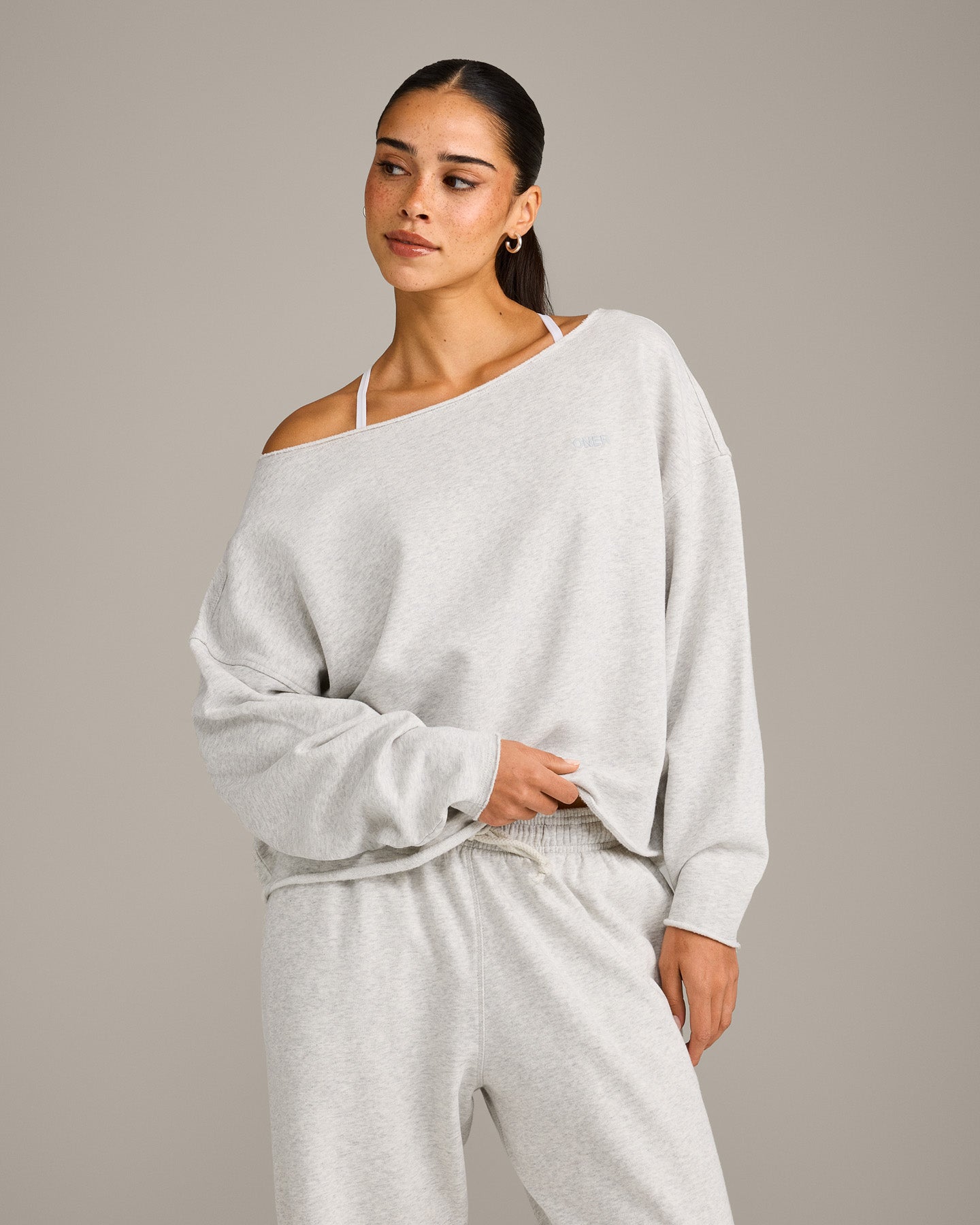 Raw Cut Lounge Off-The-Shoulder Sweatshirt | Light Grey Marl