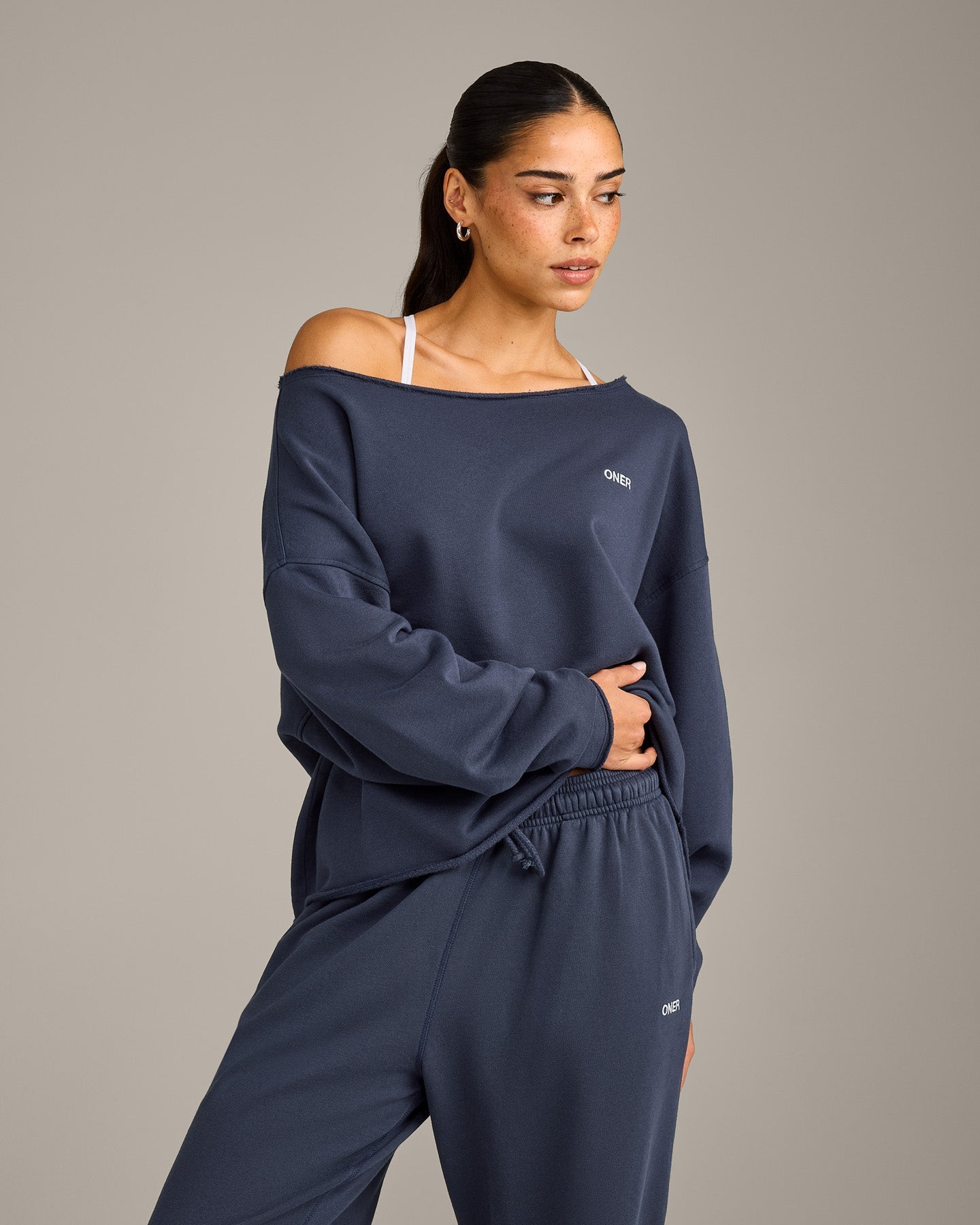 Raw Cut Lounge Off-The-Shoulder Sweatshirt | Washed True Blue
