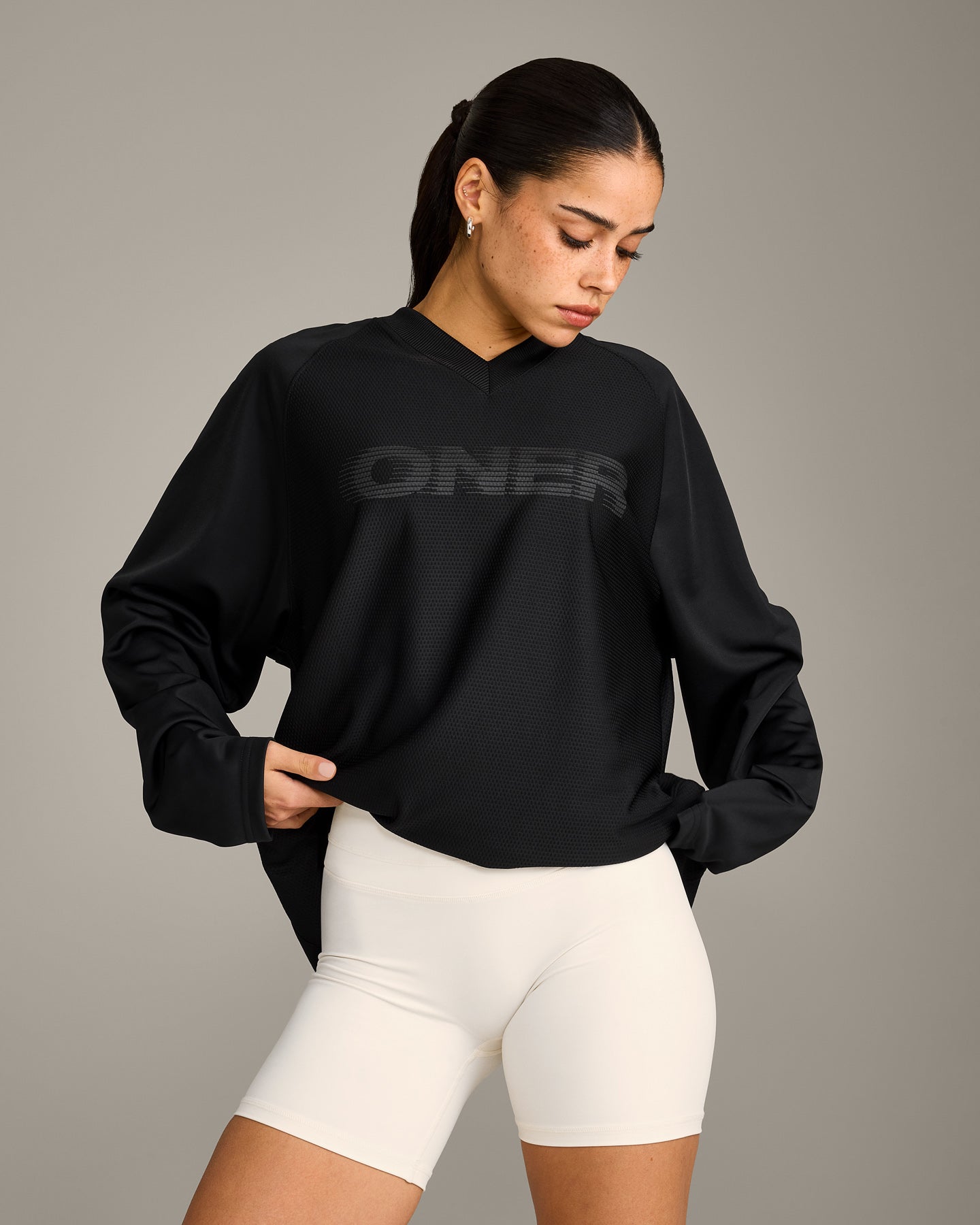 Oversized V Neck Long Sleeve T-Shirt with Oner Graphic | Black